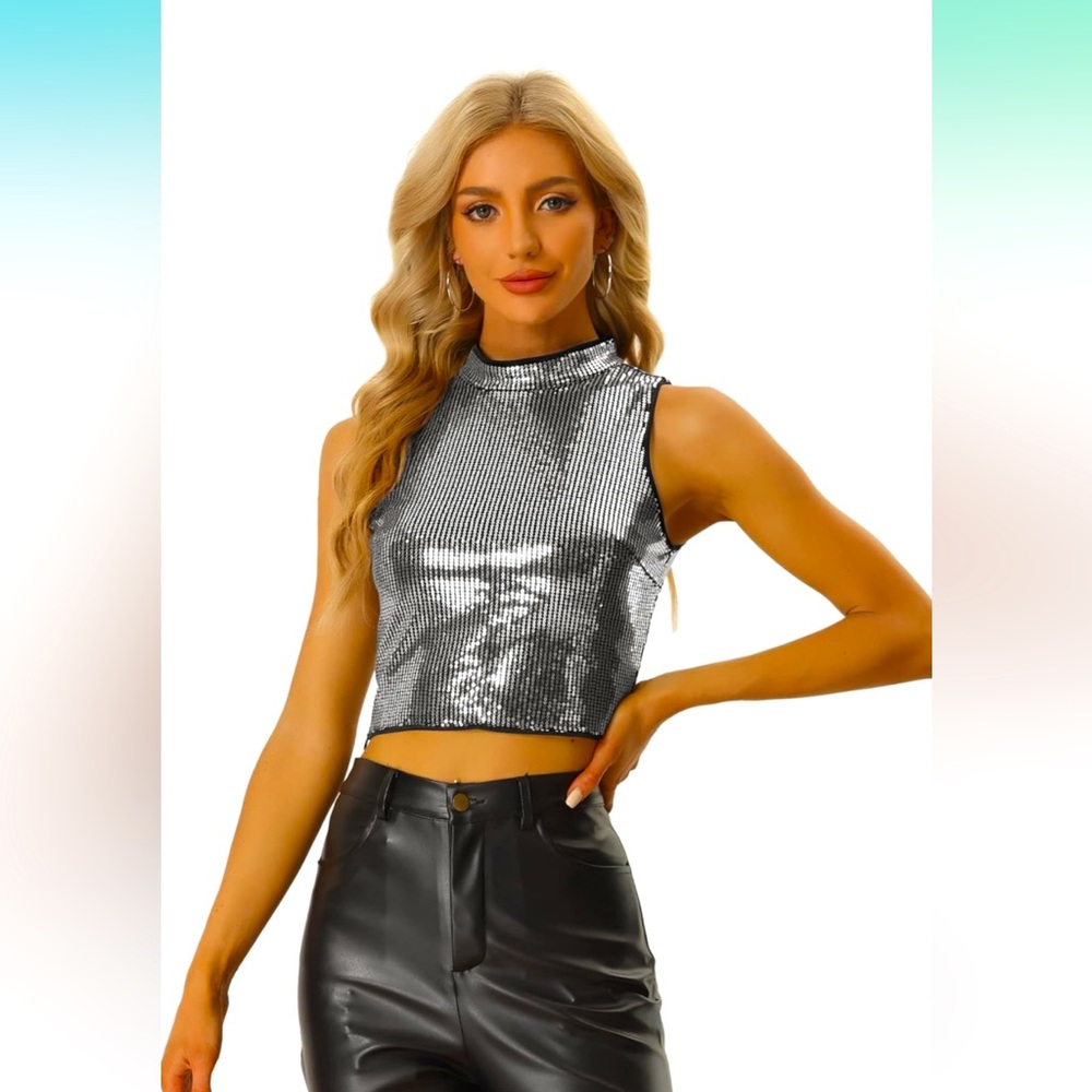 New Allegra K Metallic Crop Top for Women's Sleeveless Sequin Party Sparkly Tops